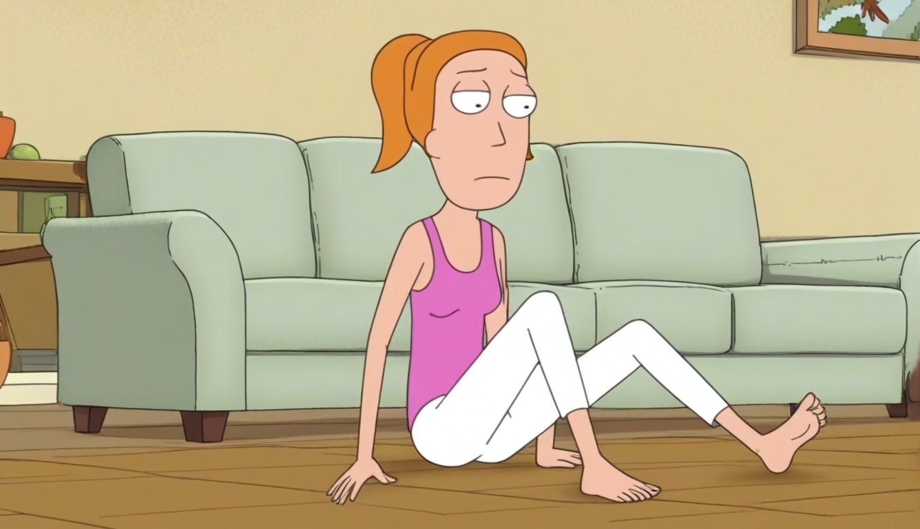 summer.smith,1girl,orange hair,ponytail,solo,pink tank top,white pants,bare feet and toes on the floor,living room,sitting down on the couch,