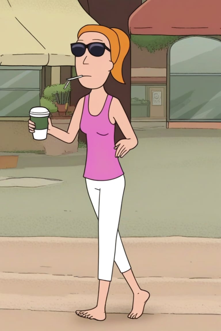 summer.smith,1girl,solo,orange hair,ponytail, solo,pink tank top,white pants,black sunglasses,bare feet and toes,outdoors,coffee shop,walking,sipping her frappuccino,sipping straw,