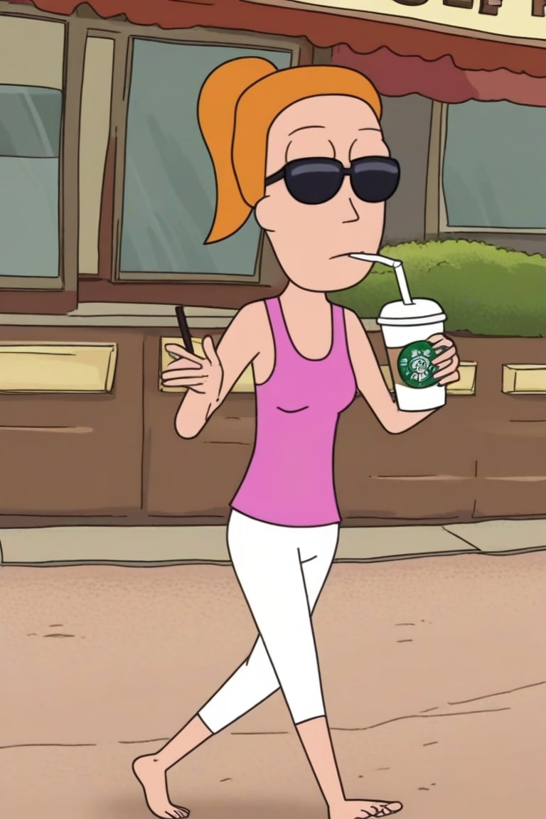 summer.smith,1girl,solo,orange hair,ponytail, solo,pink tank top,white pants,black sunglasses,bare feet and toes,outdoors,coffee shop,walking,sipping her frappuccino,sipping straw,