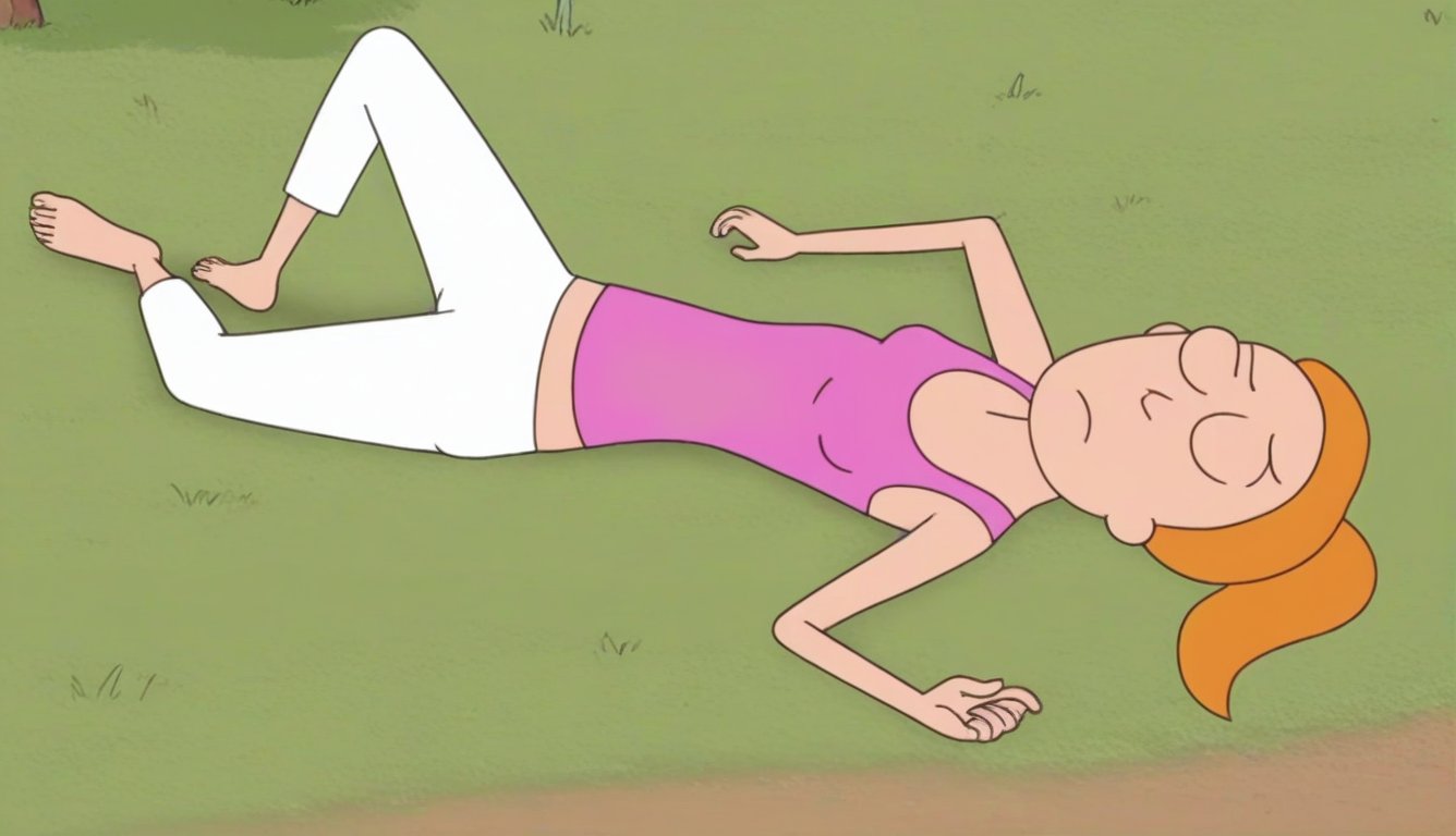 summer.smith,1girl,orange hair,ponytail,solo,pink tank top,white pants,bare feet and toes,outdoors,laying on the grass,:)