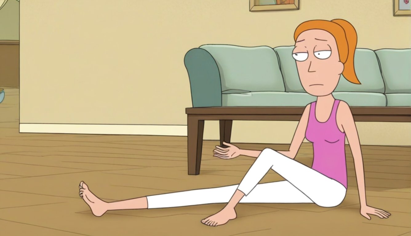 summer.smith,1girl,orange hair,ponytail,solo,pink tank top,white pants,bare feet and toes,living room,sitting down on the floor,criss cross