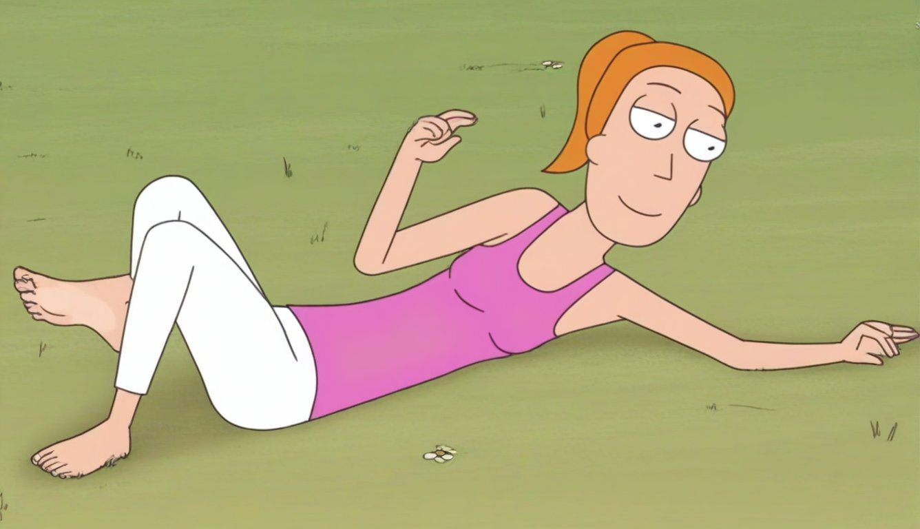 summer.smith,1girl,orange hair,ponytail,solo,pink tank top,white pants,bare feet and toes,outdoors,laying on the grass,smile