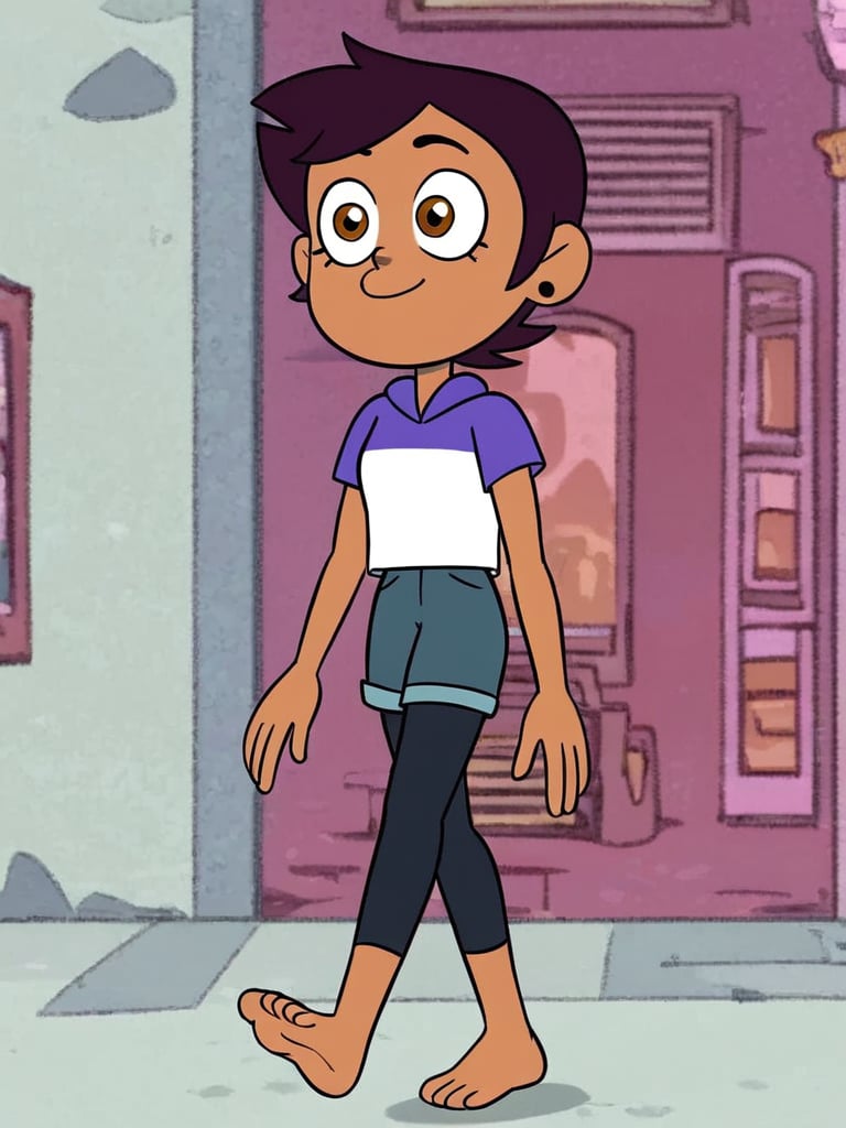 LUZ_NOCEDA, 1 girl, solo, dark brown short hair, purple and white short sleeve, blue shorts, black leggings, barefoot, blight manor, walking, full body