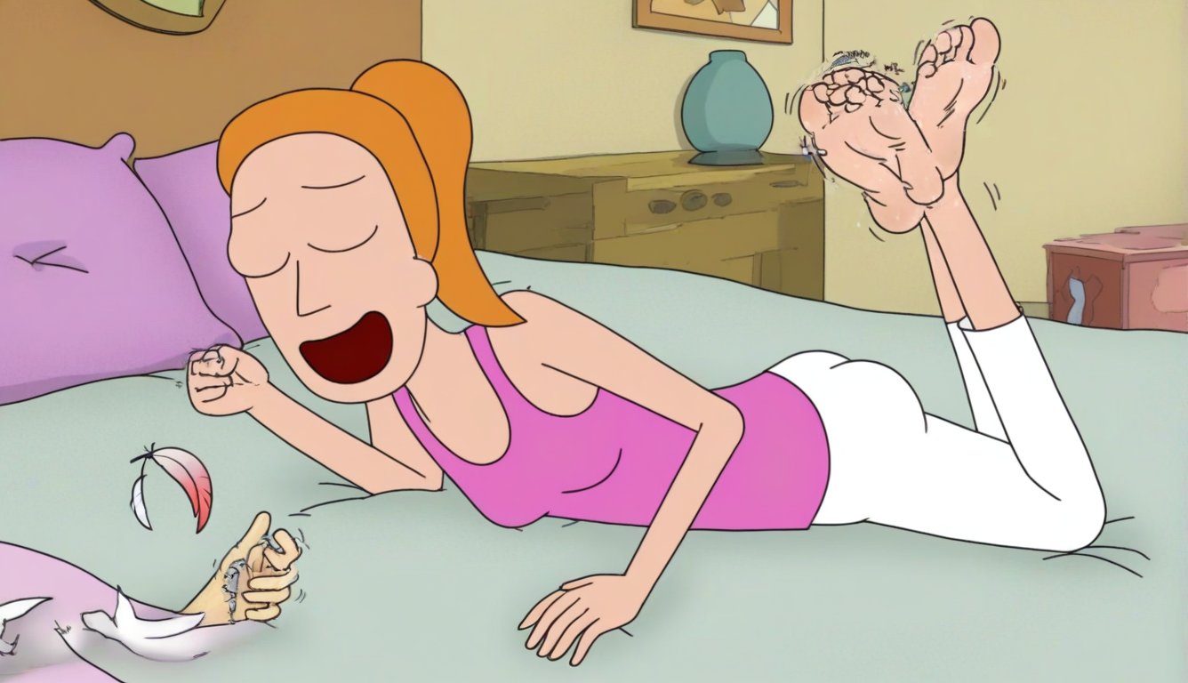 summer.smith,1girl,solo,orange hair,ponytail, solo, pink tank top,white pants,bare feet and toes,bare soles,toe wiggling,showing her feet,bedroom,laying down on her bed,laughing,feather on morty's right hand,tickling