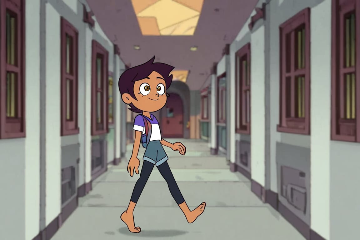 LUZ_NOCEDA, 1 girl, solo, dark brown short hair, purple and white short sleeve, blue shorts, black leggings, barefoot, school, hallway, backpack, walking, full body