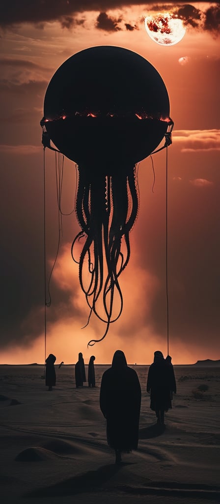 photo of a black sand desert, several giant black otherworldly creatures with cable-like hanging tentacles are floating in the starry sky, a faint red sun barely shines through the cloud cover, highly detailed, cinemascope, moody, epic, photorealistic, color graded cinematic, atmospheric lighting, award winning photo, film grain