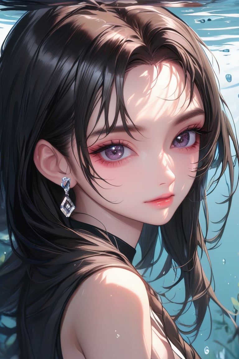 1girl, solo, long hair,  pony hairstyle, looking at viewer, blush, side bangs, black hair ornament, jewelry, black eyes, wavy hair, earrings, cute outfit, parted lips, blurry, eyelashes, ((masterpiece: 2)), excellent quality, light particles, water drop, ((stunning_image: 1.5)), Anime art style.