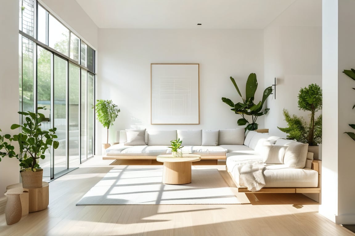 A bright and airy minimalist Scandinavian-style interior with plenty of natural light pouring in through the large windows. The walls are painted a crisp white, and the floors are made of light-colored wood. The furniture is simple and understated, with clean lines and minimal ornamentation. A few well-placed plants add a touch of greenery to the space. The overall feel is calm, serene, and inviting. In the center of the room, warm sunlight streaming through the windows,