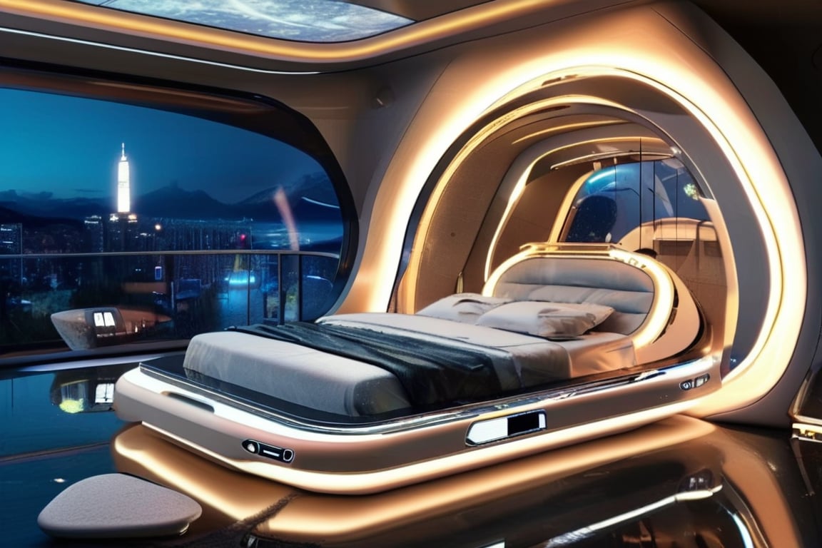 masterpiece, top quality, best quality, official art, beautiful and aesthetic, extreme detailed, an automated bed with adjustable settings and built-in lighting, futuristic curves and smooth, soft materials, placed in a high-tech bedroom with a panoramic window