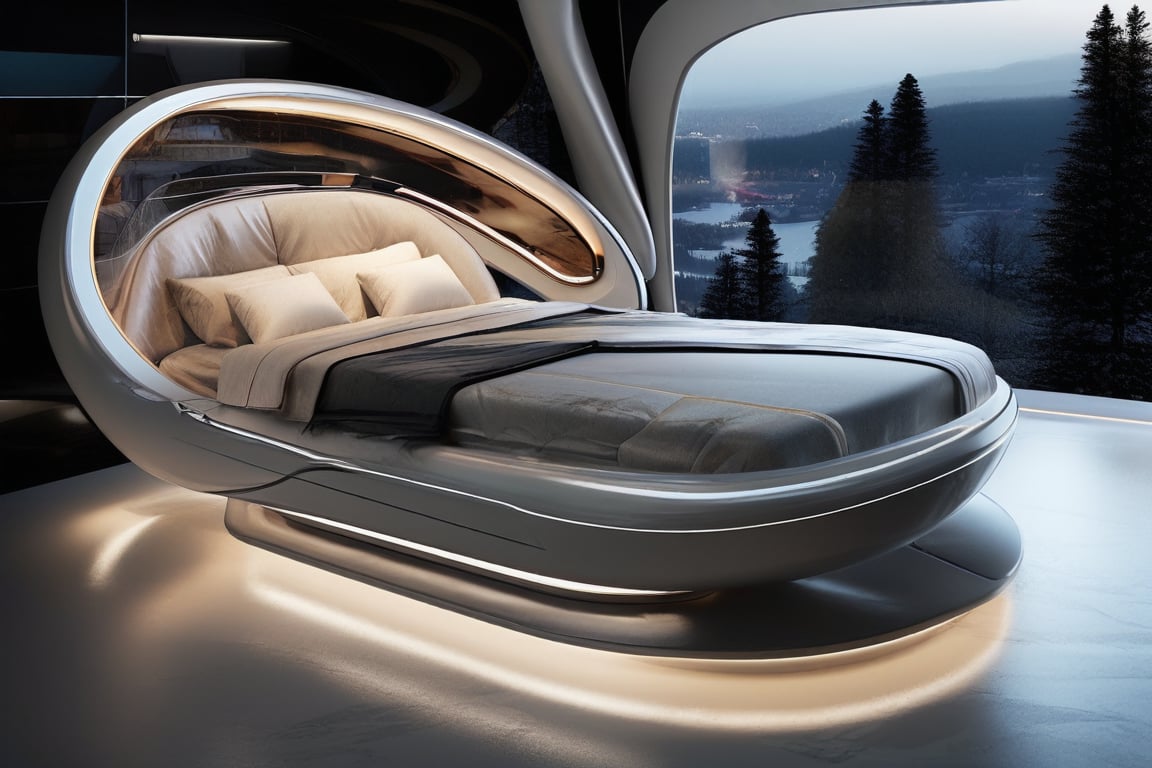 masterpiece, top quality, best quality, official art, beautiful and aesthetic, extreme detailed, an automated bed with adjustable settings and built-in lighting, futuristic curves and smooth, soft materials, placed in a high-tech bedroom with a panoramic window