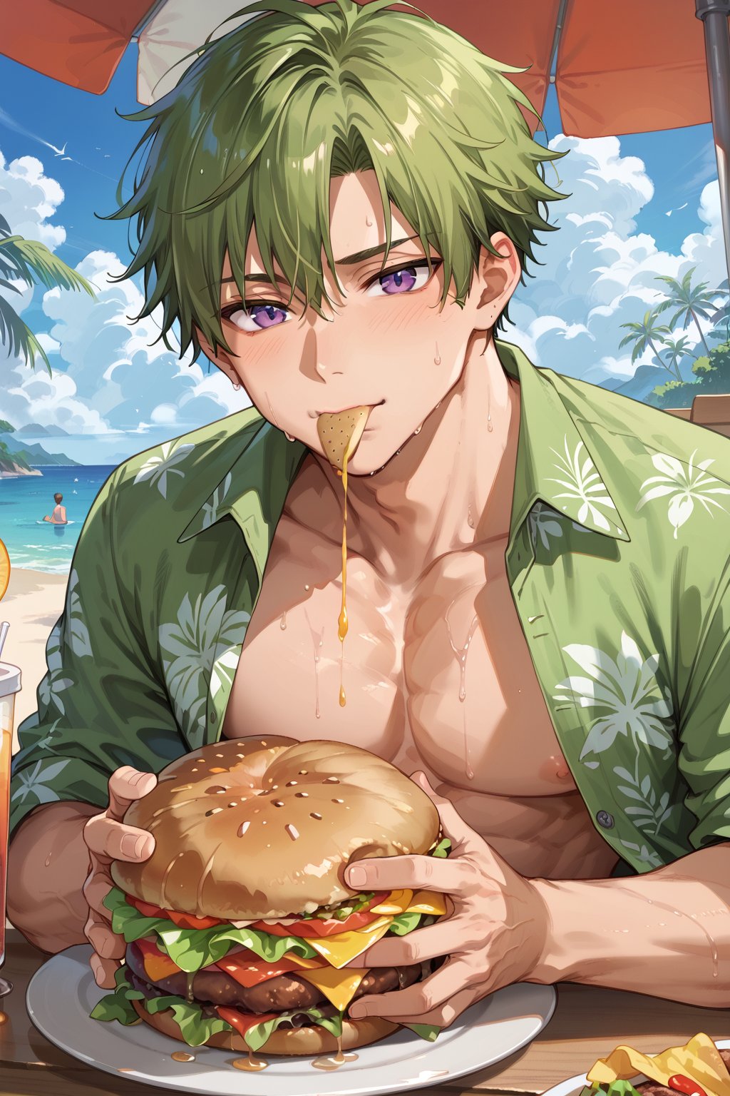 score_9, score_8_up, score_7_up, masterpiece, best quality, very detailed, high resolution, beautiful face and eye detail, male focus, solo, hawaiian, aloha shirt, summer, hot, brown, black skin, muscular, strong, hamburger, man eating hamburger, open shirt, long swimsuit, outdoor restaurant, ketchup on cheek, lime green hair, purple eyes, biting with two hands, holding hamburger with two hands, eating, sweat, wet body, sweaty