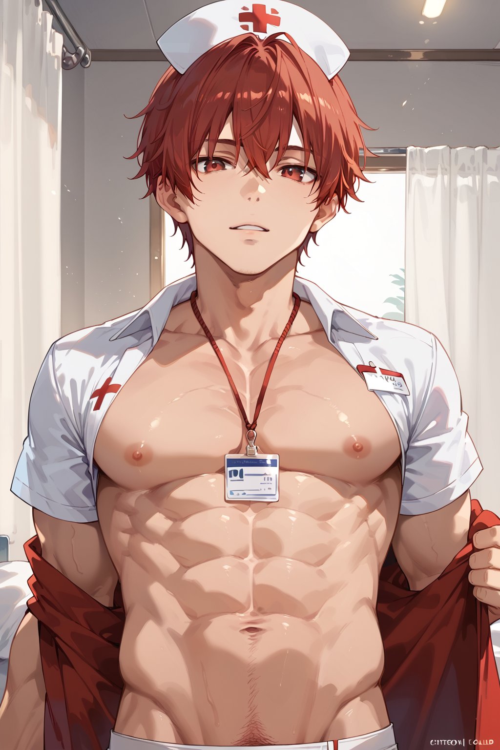 score_9, score_8_up, score_7_up, solo, looking at viewer, short hair, bangs, red eyes, 1boy, hat, short sleeves, male focus, red hair, cowboy shot, parted lips, open clothes, indoors, muscular, abs, pectorals, curtains, muscular male, nurse cap, name tag, nurse