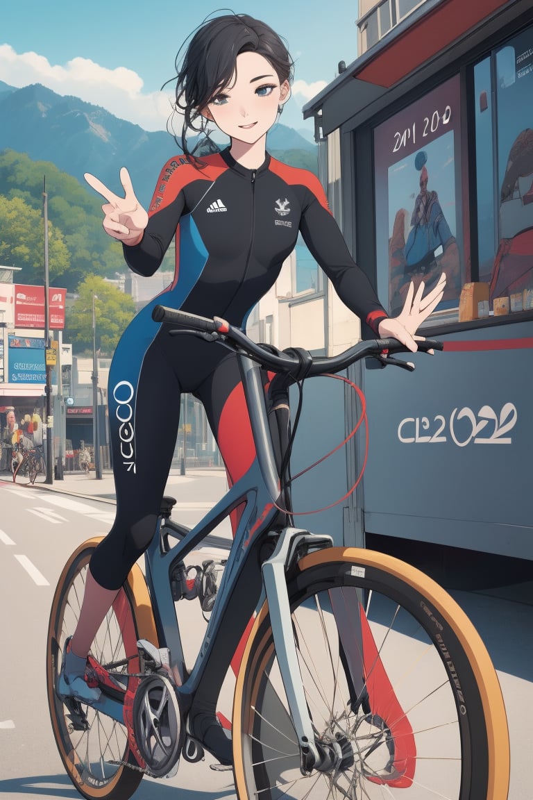 a chest up advertising poster of a beautiful student model in morden road bicycle suit, long black hair with blue streak hair, chignon, lively pose, beautiful bold typograhy of text: 'Like a NCG', mountainous scenery, a ncg,flat illustration, in only four colors, PARIS 2024, olympic games