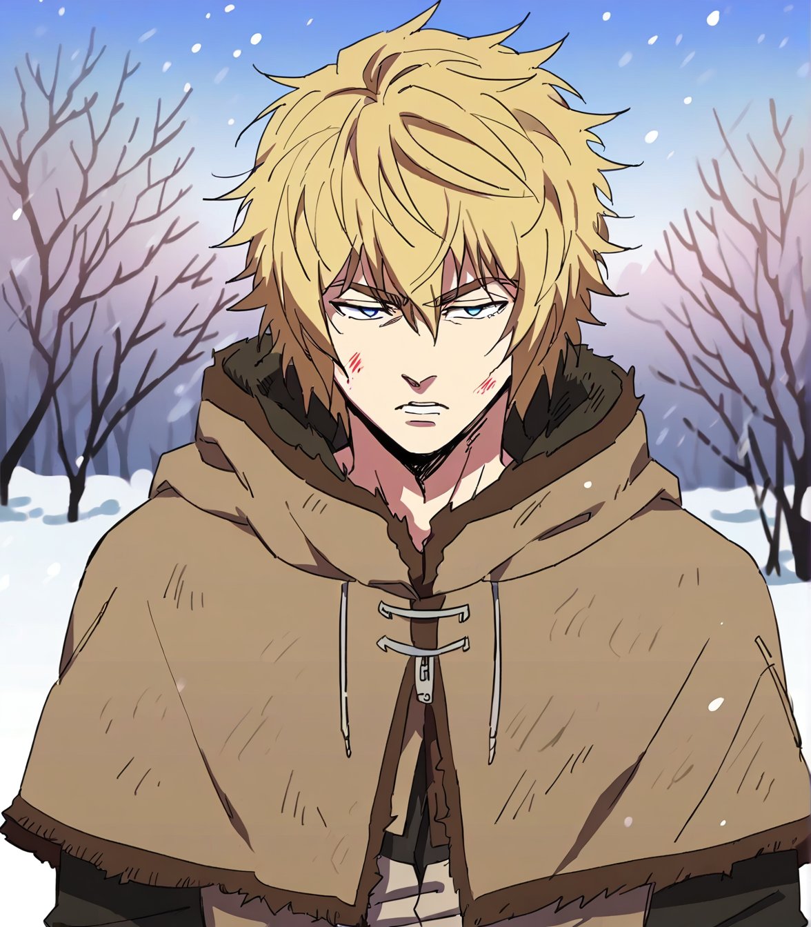 score_9, score_8_up, score_8,
Thorfinn, a 17-year-old blonde-haired boy with short hair and visible eyes peeking through the strands. His face is contorted in anger, revealing bloody wounds . Ragged clothes cover his muscular physique, which is only partially visible from this side-angled view. The overall composition should evoke a sense of intensity and turmoil.background of a snowy forest, showing the entire body standing in the snow, looking towards the horizon