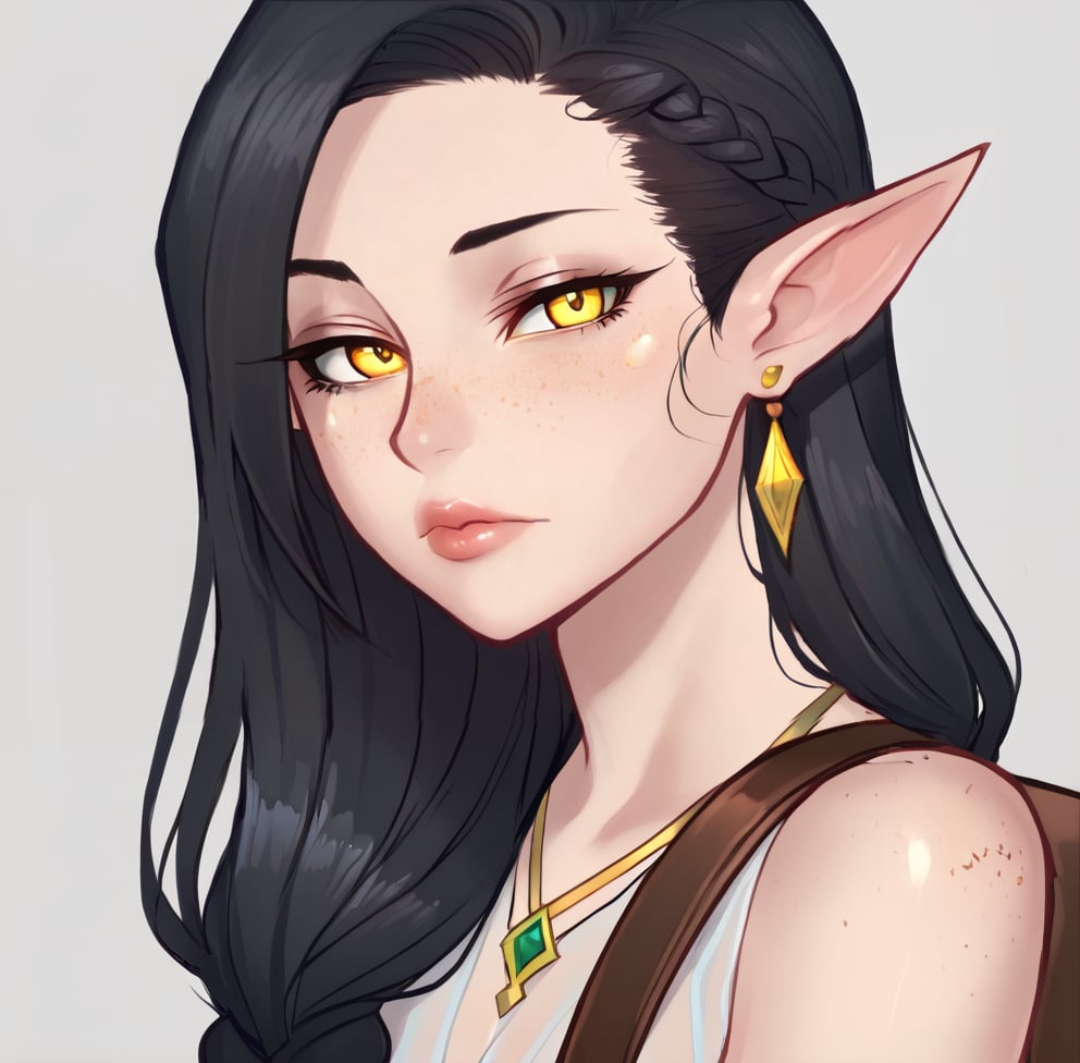 1girl, solo, long hair, looking at viewer, black hair, jewelry, closed mouth, yellow eyes, upper body,  braid, earrings, pointy ears, bag, colored skin, freckles,ratatatat74 artstyle,Eyes,Beautiful eyes, lips ,sexy lips