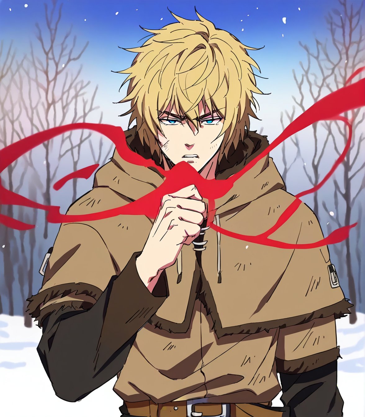 score_9, score_8_up, score_8,
Thorfinn, a 17-year-old blonde-haired boy with short hair and visible eyes peeking through the strands. His face is contorted in anger, revealing bloody wounds . Ragged clothes cover his muscular physique, which is only partially visible from this side-angled view. The overall composition should evoke a sense of intensity and turmoil.background of a snowy forest, showing the entire body standing in the snow, looking towards the horizon