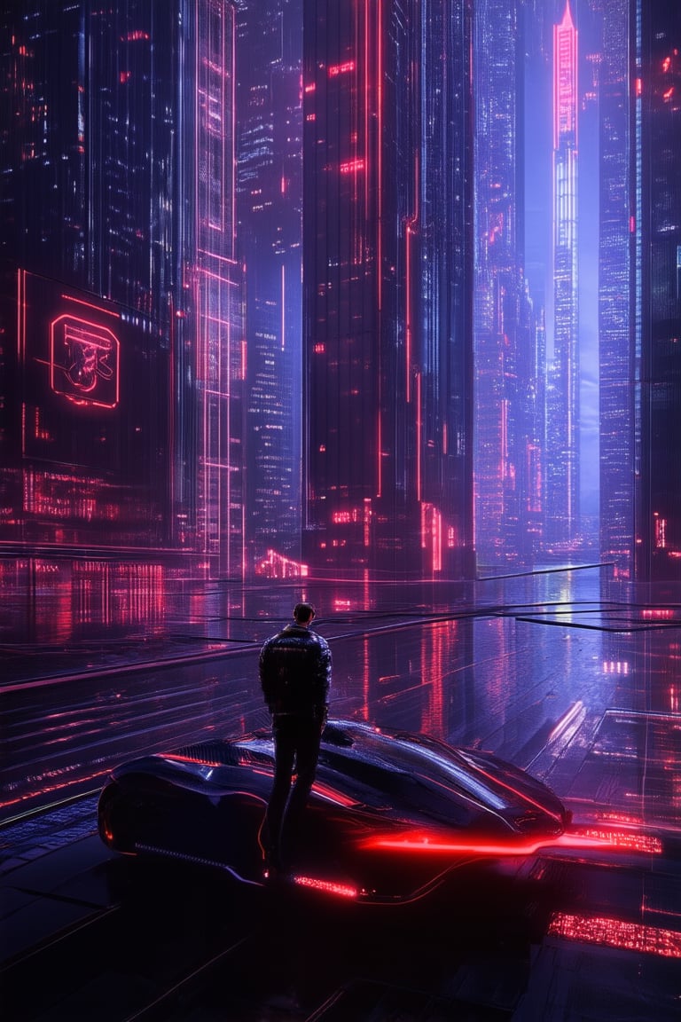 A gritty neon-lit cityscape at dusk, with towering skyscrapers and flying cars zipping by. A lone hacker, dressed in a black leather jacket and sunglasses, stands atop a rooftop, surrounded by wires and screens. The city's vibrant nightlife pulses in the background, as our hero surveys the digital landscape.