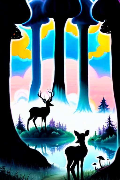 A serene enchanted forest with towering ancient trees, glowing mushrooms, and soft mist, where deer and foxes roam under a pastel twilight sky