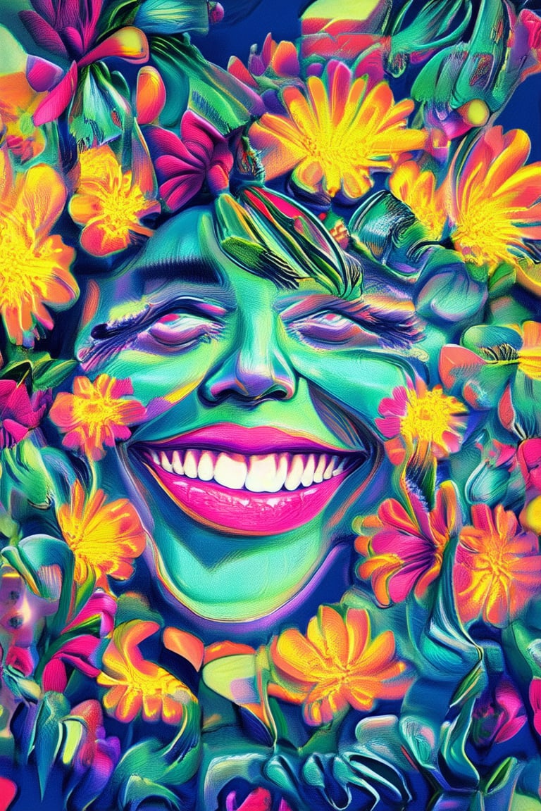 A close-up shot of a smiling face surrounded by a kaleidoscope of vibrant, colorful flowers in full bloom. The subject's bright pink lipstick and matching hair clip pop against the warm yellow and orange hues of the blooms. Soft focus and shallow depth of field blur the background, drawing attention to the joyful expression.