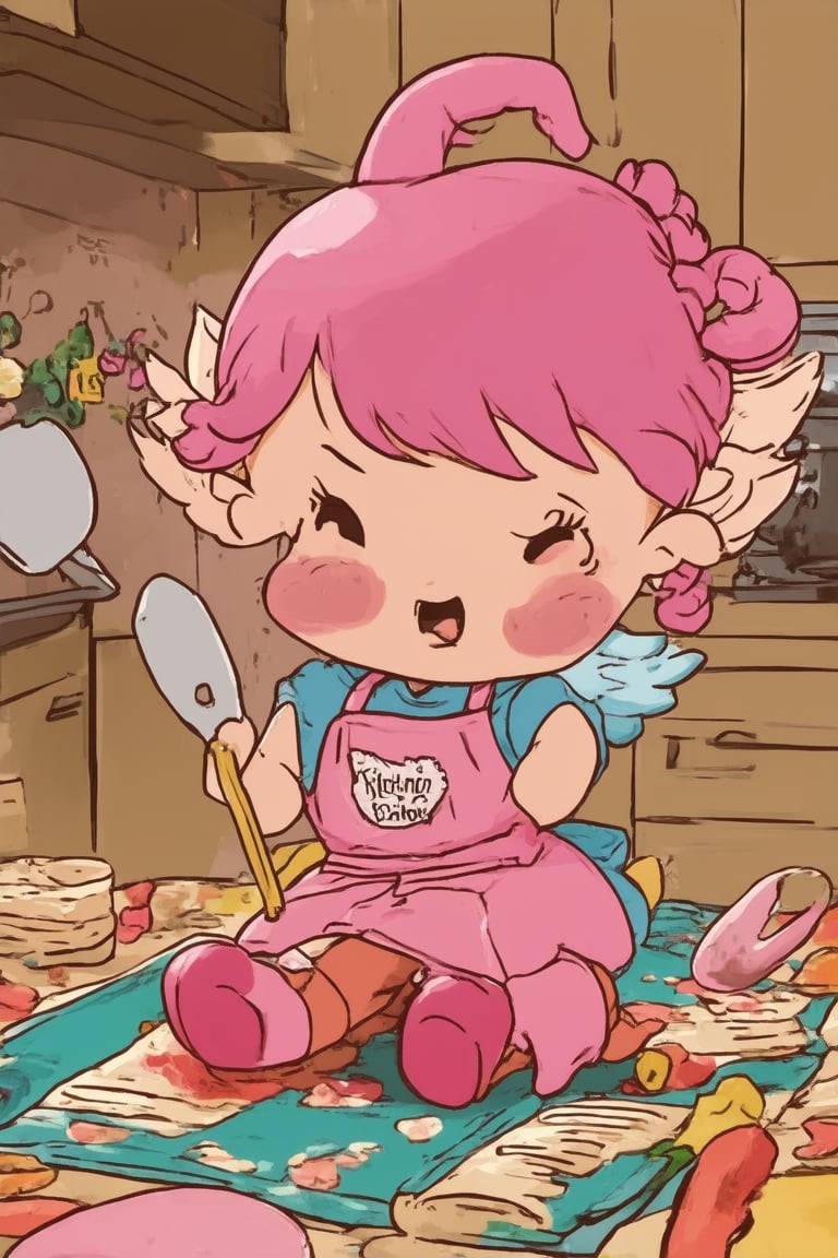 A whimsical chibi scene: A miniature Eveything, no larger than a thumb, sits on a colorful rug surrounded by oversized kitchen utensils and tiny cookbooks. Eveything's bright pink hair is styled in pigtails, with a few loose strands framing their cherubic face. They wear a matching pink apron with a 'Kitchen Wizard' badge, holding a teeny spatula and beaming with pride amidst the chaotic yet cozy culinary setting.