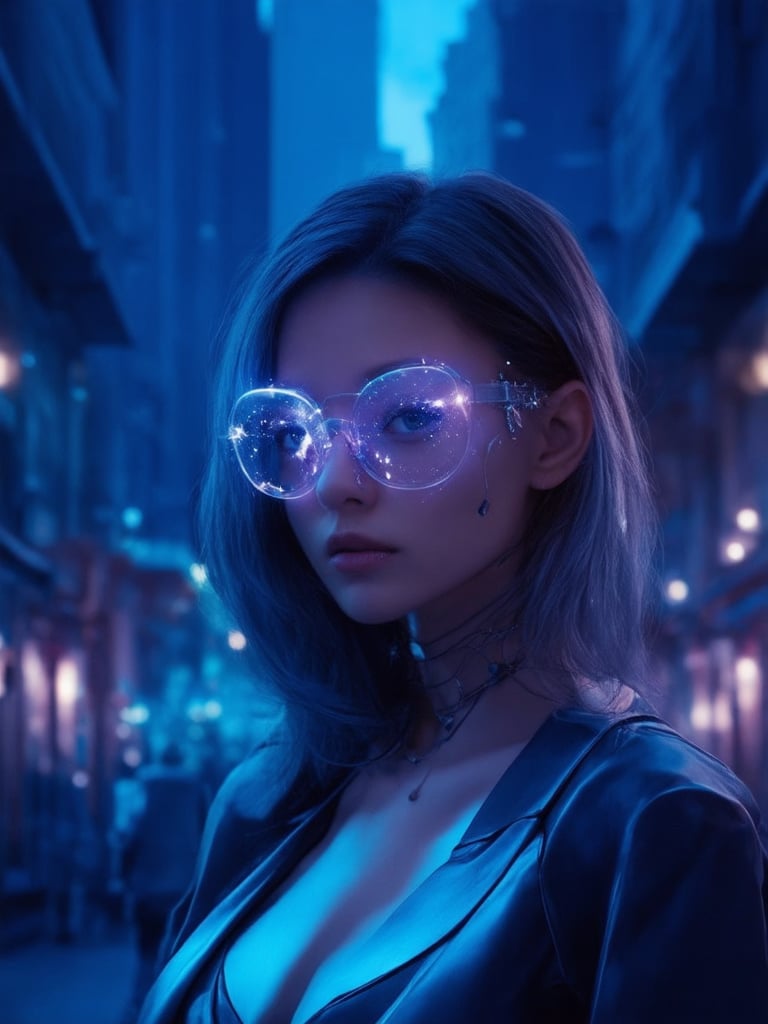 Neon-lit streets of Neo-Eden at dusk. A cyberpunk beauty, 'Cygnus', wears clear neon glasses that glow like starlight on her porcelain skin. Framed by the golden ratio, she poses confidently, surrounded by intricate details and decadent architecture. Soft focus blurs the background, while sharp focus highlights Cygnus' captivating eyes, detailed face, and vibrant attire. UHD resolution brings forth the textures of her cybernetic enhancements and the city's metallic structure. Light leaks and subsurface scattering create a beautiful atmosphere, as rim light accentuates her features. The scene is set against a deep blue background, where vibrant complementary colors dance with gentle light, evoking a sense of heartwarming wonder.