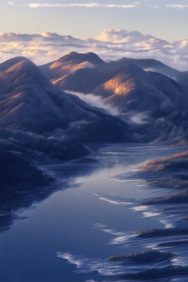 A majestic blue scene unfolds: a sweeping aerial shot of a serene lake at dawn, with ripples gently lapping against the shore. Soft, misty fog rises from the water's surface, illuminated by a warm, golden sunrise. A majestic mountain range stands tall in the background, its peaks still capped with wispy clouds.