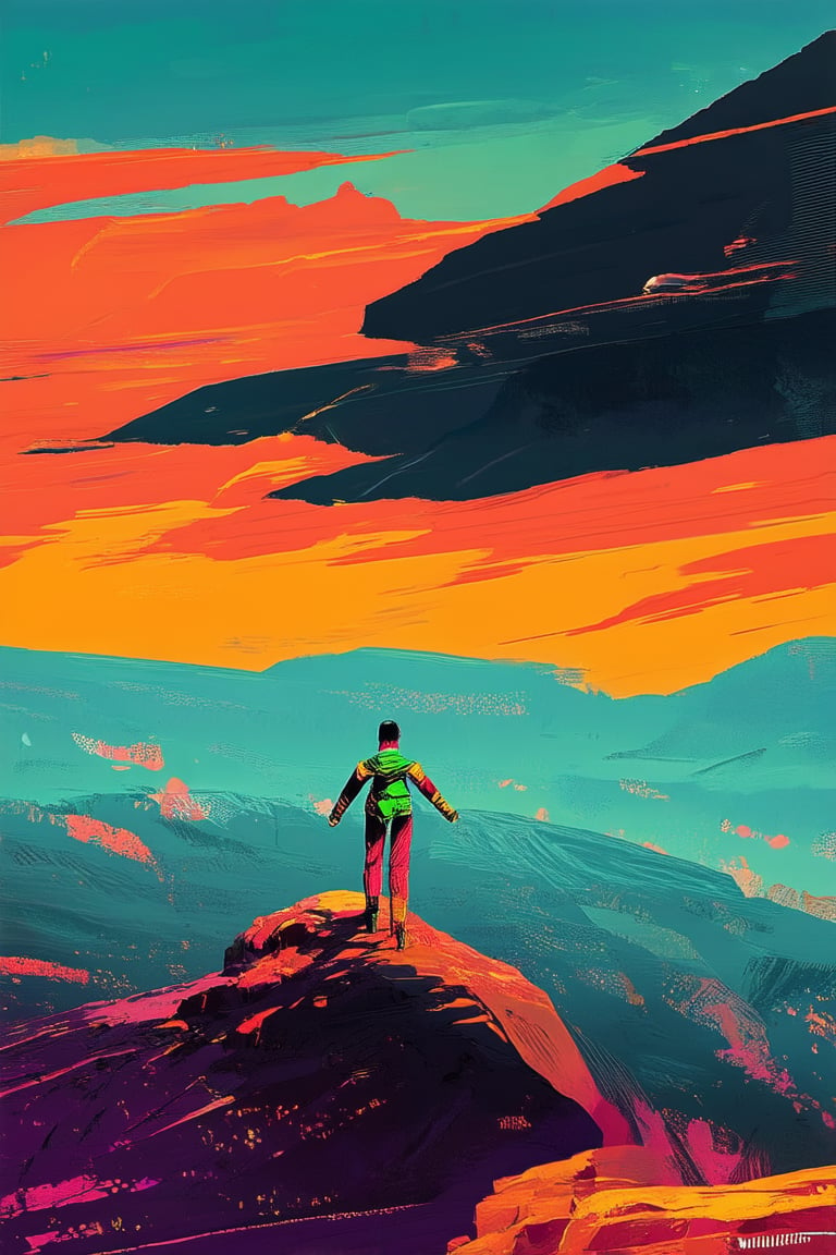 Vibrant sunset landscape with a fiery orange hue dominating the sky, casting long shadows across the rugged terrain. A lone figure, dressed in neon green and yellow, stands atop a rock formation, arms outstretched to embrace the intense color palette. The extreme hue of the setting sun bleeds into the distant mountainside, creating an otherworldly atmosphere.