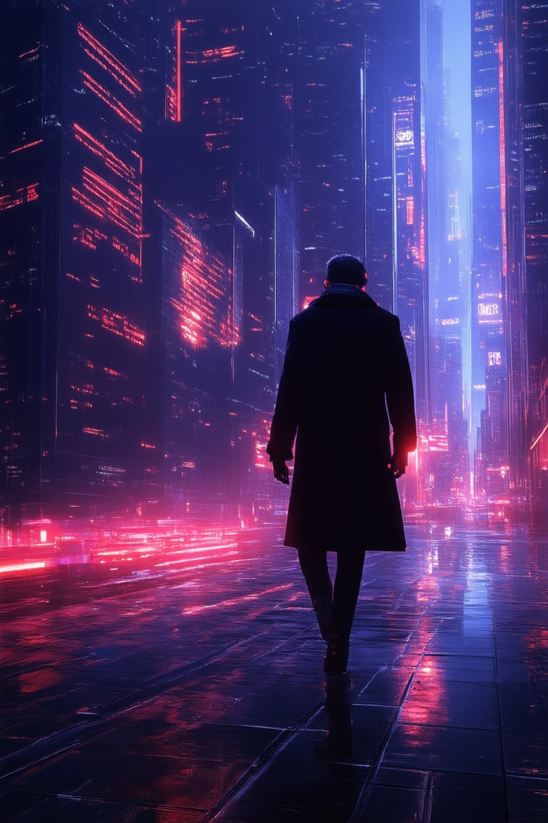 A neon-lit cityscape at dusk, with towering skyscrapers and holographic advertisements flickering like fireflies. In the foreground, a lone figure in a long coat and mirrored shades walks away from the camera, their footsteps echoing off the wet pavement. The subject's cybernetic arm glows with soft blue light as they hold a tablet displaying a virtual city map.