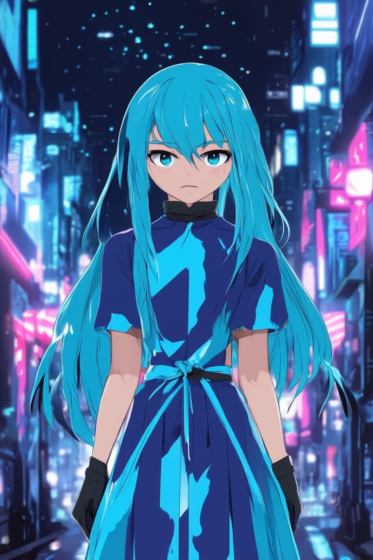 Vibrant blue hues dominate the frame as a young anime protagonist stands confidently in front of a neon-lit cityscape at dusk. Her bright blue hair and matching dress shimmer under the soft glow of streetlights, while her determined expression radiates determination. The dark blue background provides a striking contrast to her bold fashion statement.