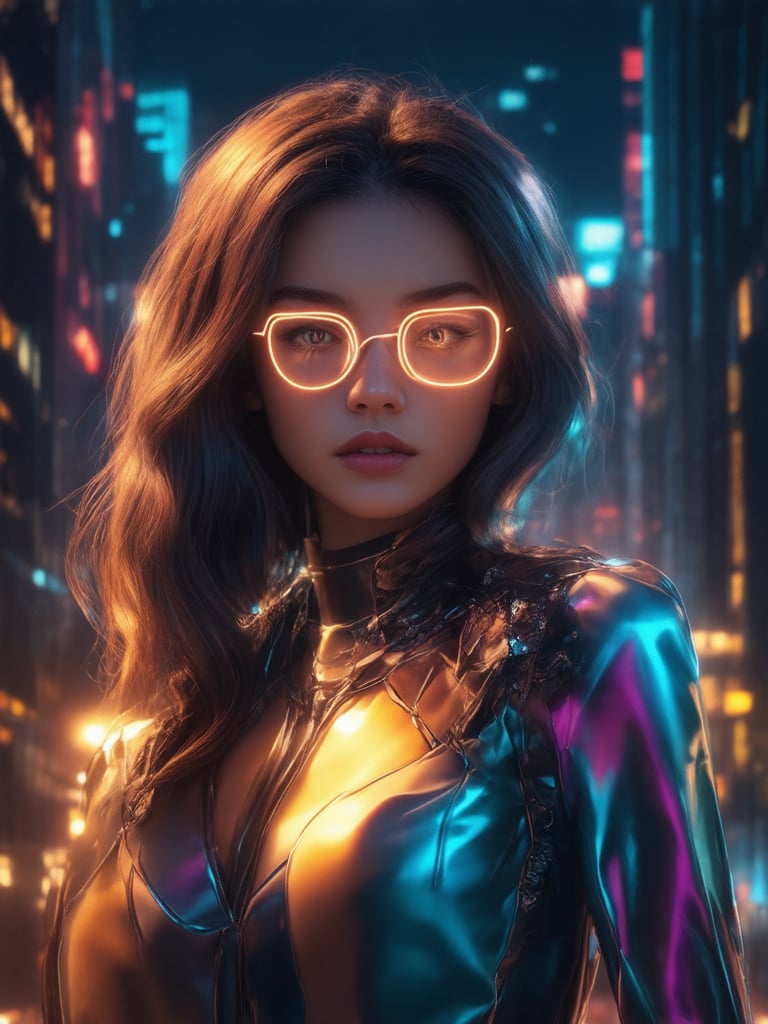 A mesmerizing cyberpunk girl stands amidst a futuristic metropolis, her clear neon glasses glowing like beacons in the dark. Framed by ornate golden ratio details, she's bathed in warm light from the cityscape's subtle rim lighting, with subsurface scattering adding depth to her features. Her intricate, decadent outfit shines in vibrant complementary colors, set against a stunning deep background that appears to pulse with energy. The sharp focus on her face and eyes, masterfully rendered in UHD, draws the viewer's gaze, as if she's about to share a heartwarming secret.