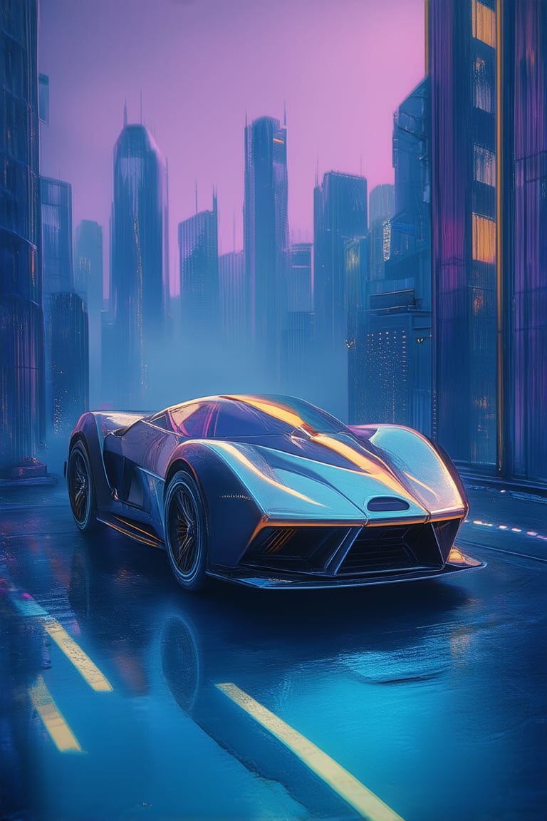 A futuristic cityscape at dusk, with a gradient sky transitioning from deep blues to vibrant purples, as a sleek silver hovercar glides smoothly through the misty atmosphere. The urban landscape is bathed in soft golden light, casting long shadows across the sleek glass towers and neon-lit streets.