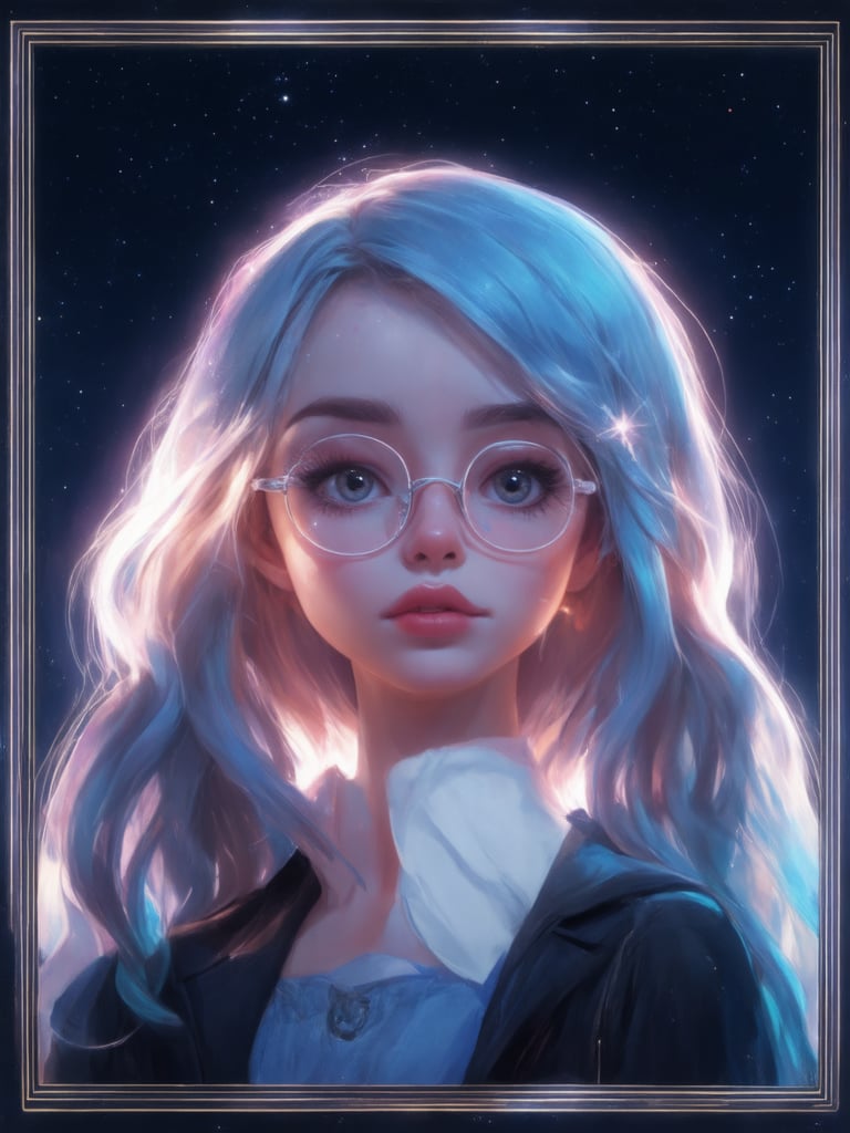 In a neon-lit cyberpunk world, a captivating girl with clear glasses shines bright. Framed by a subtle golden ratio composition, she stands out against a deep, starry night sky. UHD details sparkle in her intricate, detailed face and eyes, rendered with masterful smoothness and sharp focus. Ever After High-inspired fantasy elements mingle with octane render's cyberpunk flair. A masterpiece of digital painting, reminiscent of Artgerm and Loish's styles, this piece exudes heartwarming charm and uplifting essence, illuminated by light leaks, subsurface scattering, and rim lighting that creates a beautiful sense of depth and shading.