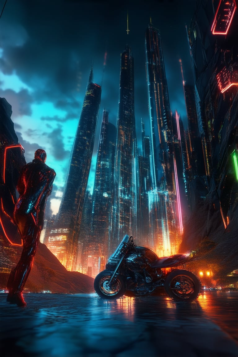 A futuristic cityscape at dusk: sleek skyscrapers pierce the darkening sky, their neon lights pulsing like a digital heartbeat. In the foreground, a lone figure in a metallic jumpsuit stands atop a hovering motorcycle, its headlights casting an otherworldly glow on the city's concrete canyons.