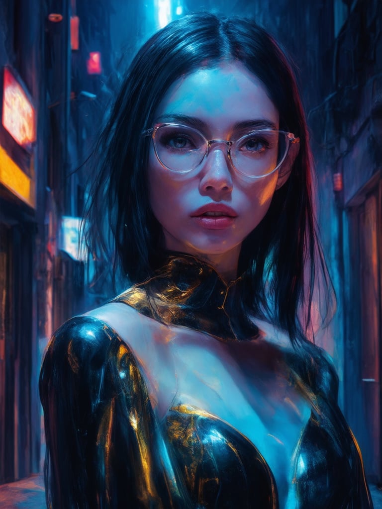 In a neon-drenched alleyway, a captivating cyberpunk girl with clear glasses and a mesmerizing gaze stares directly into the lens. Her intricate, decadent attire shimmers in a blend of golden ratios and vibrant hues, set against a deep, detailed background. The rim light casts an ethereal glow on her features, while light leaks and subsurface scattering add depth to her eyes and skin. A masterpiece of digital painting, showcasing the highest quality details and smooth focus.