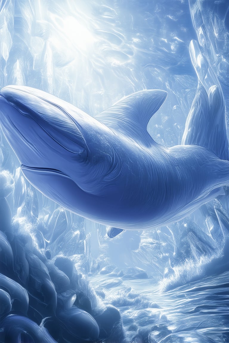 A majestic blue whale swims majestically through a sea of crystal-clear waters, its massive body undulating as it glides effortlessly forward. The sunlight reflects off the waves, casting a shimmering glow on the surrounding marine life. Framed by a distant island's verdant peaks, this regal creature commands attention in a breathtaking composition.