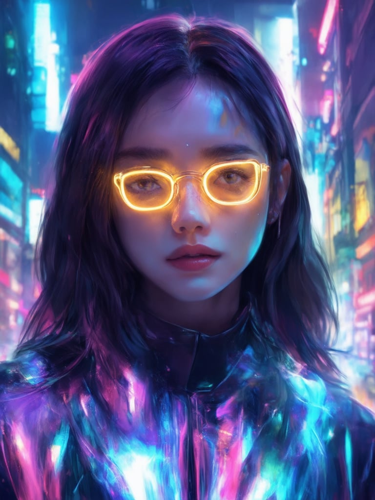 A cyberpunk girl with clear neon glasses and golden ratio details stands out against a vibrant, intricate backdrop in this digital painting. Shot in UHD, her face is rendered in smooth, sharp focus, with detailed eyes that seem to sparkle like the cityscape behind her. Light leaks and subsurface scattering create a mesmerizing glow, while rim light highlights her features. The result is a heartwarming, uplifting masterpiece that's both charming and visually stunning.