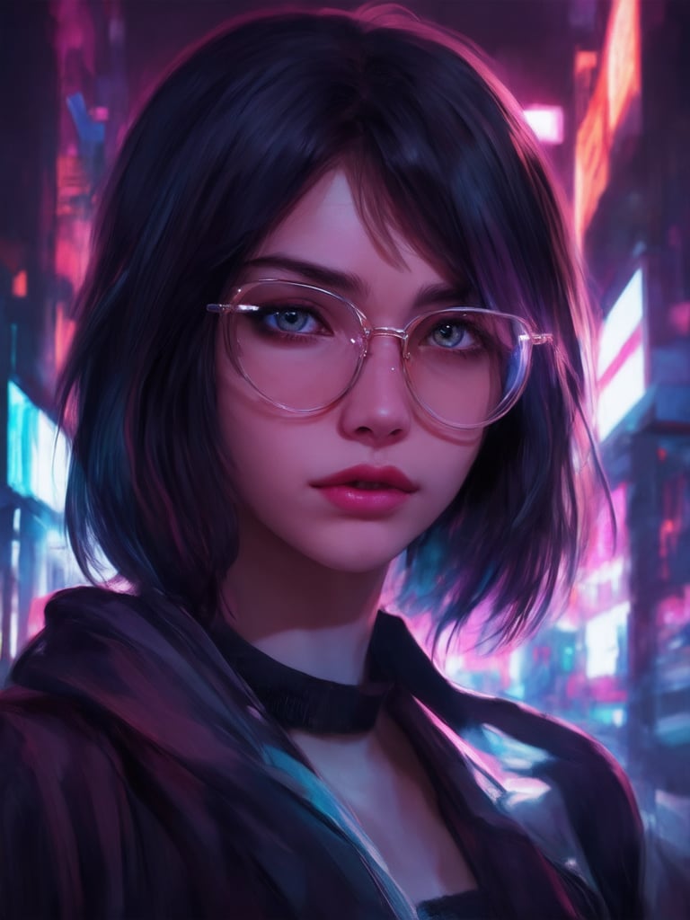 In a neon-drenched cityscape, a cyberpunk girl with clear glasses and intricate details stands out. Her gaze is framed by golden ratio proportions, as she poses confidently against a vibrant, high-contrast background. Soft light leaks and subsurface scattering enhance her features, while rim lighting adds depth to her character. The focus is sharp, showcasing her detailed eyes and face. A masterpiece of digital painting, reminiscent of Artgerm's style, with smooth lines and charming atmosphere.