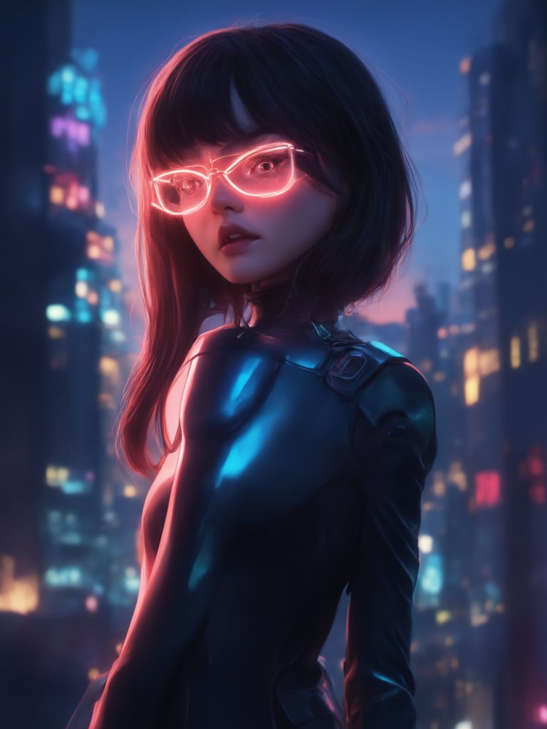 A cyberpunk girl with clear neon glasses stands amidst a futuristic cityscape at dusk. Golden ratio details adorn her sleek outfit as she gazes out into the distance. In 32K UHD, intricate digital painting brings her to life. Inspired by Artgerm's style, Loish's whimsy, and Wlop's smooth focus. Ever After High's fantastical vibes infuse the scene with heartwarming charm. A masterpiece of detailed eyes, face, and highest quality rendering. Subsurface scattering and rim light create beautiful lighting effects, while vibrant complementary colors pop against a deep, mysterious background.