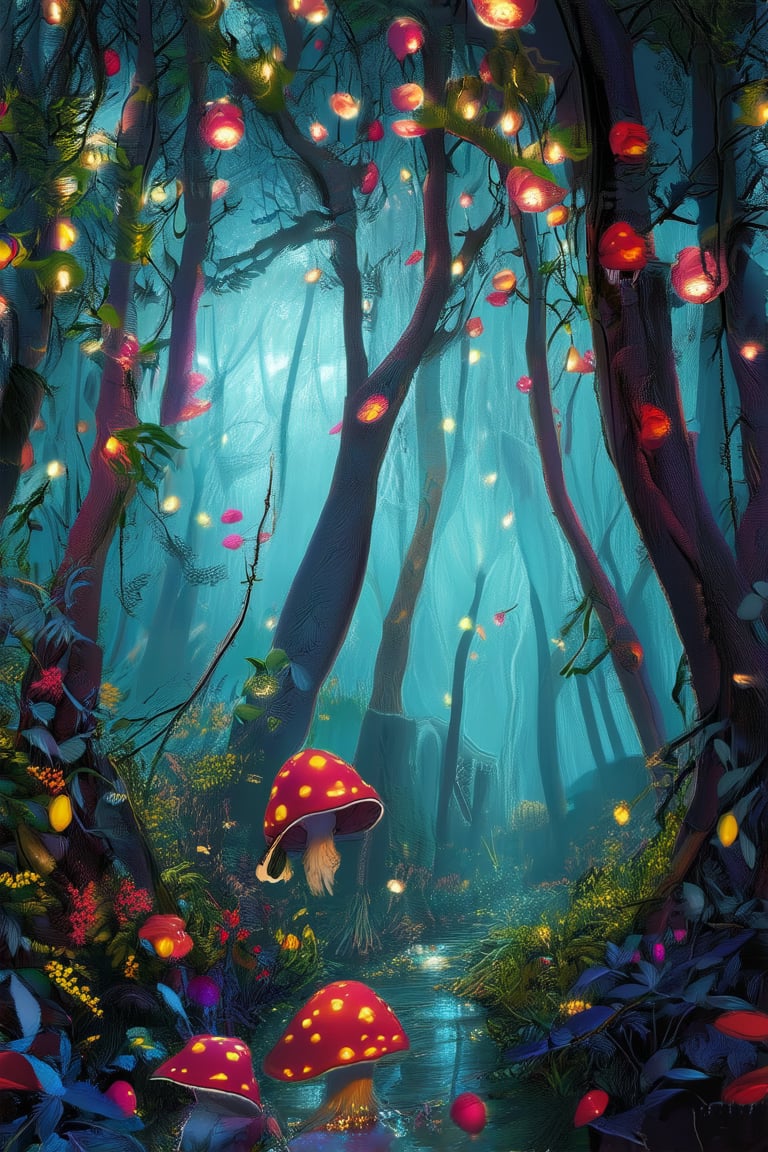 A whimsical illustration of a fantastical forest, with towering trees adorned with glowing mushrooms and vines. A gentle stream runs through the center, reflecting the vibrant hues of the surrounding foliage. In the foreground, a curious rabbit in a bright red hat peers out from behind a leafy curtain, its eyes shining with curiosity.