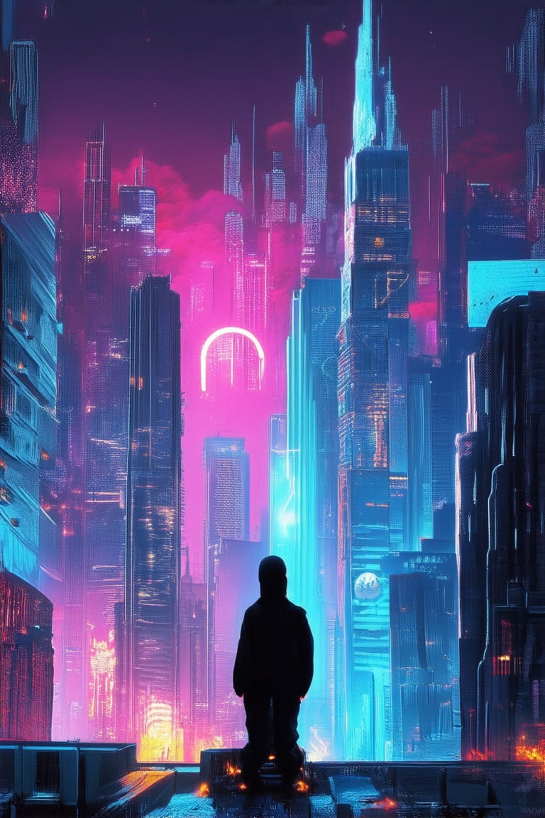 A futuristic cityscape at dusk: neon hues cast a moody glow on towering skyscrapers, as a lone figure in a black jumpsuit stands atop a rooftop, illuminated by the soft blue light of a hovering drone. The city's vibrant energy pulses through the shadows.