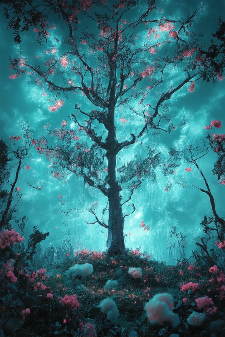 A vibrant, otherworldly scene unfolds: On the Cyan Planet, a majestic, iridescent forest sprawls across the frame. Towering trees with leaves shimmering like turquoise crystals stretch towards a bright blue sky, where wispy clouds resemble cotton candy. A lone, glowing tree blooms in the center, its delicate petals unfolding like a celestial flower. The atmosphere is tranquil, bathed in soft, pulsing light.