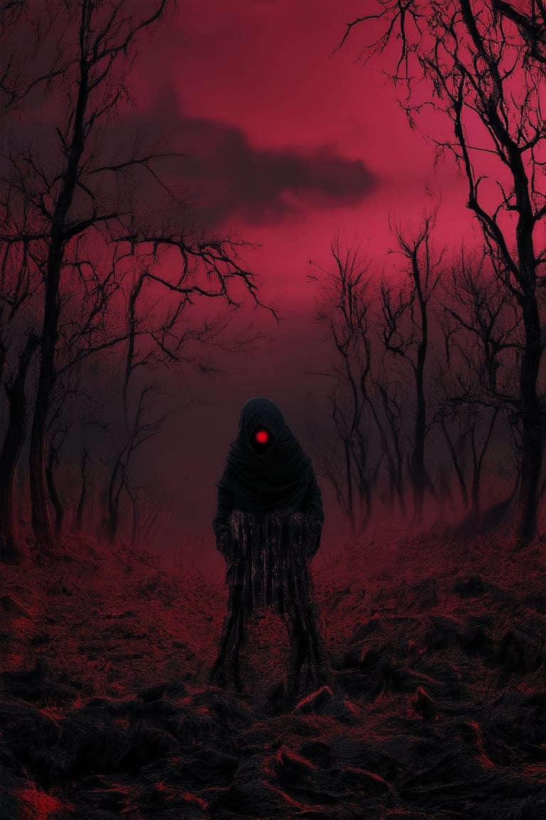 A hauntingly lit scene unfolds in a desolate, darkside world, where twisted trees writhe like skeletal fingers towards the eerie, crimson sky. A lone figure stands at the edge of this forsaken landscape, cloaked in shadows, their eyes glowing with an otherworldly intensity as they gaze upon the foreboding horizon.