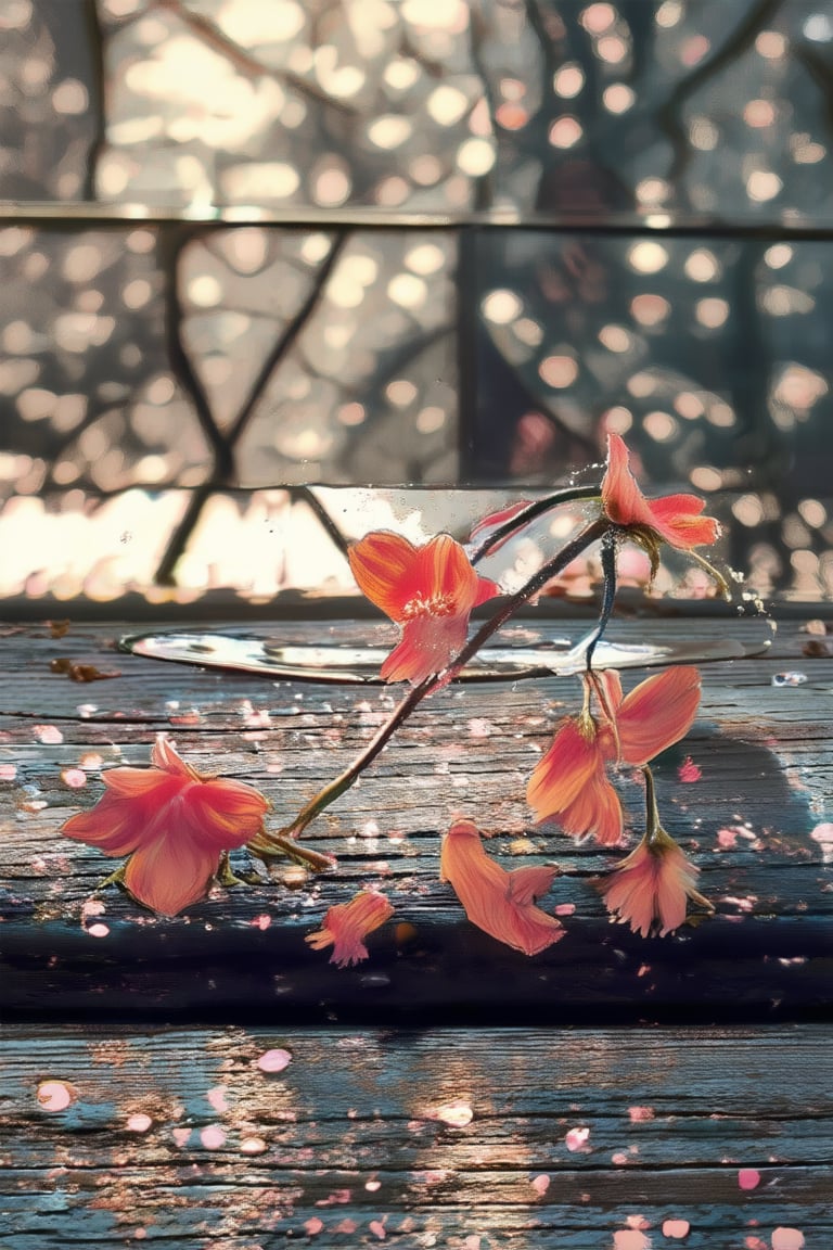 Soft focus captures delicate petals unfolding from a transparent water droplet on a vintage wooden table, illuminated by gentle morning light filtering through a stained glass window. Delicate brushstrokes and subtle color blending evoke the ethereal quality of a watercolor painting.