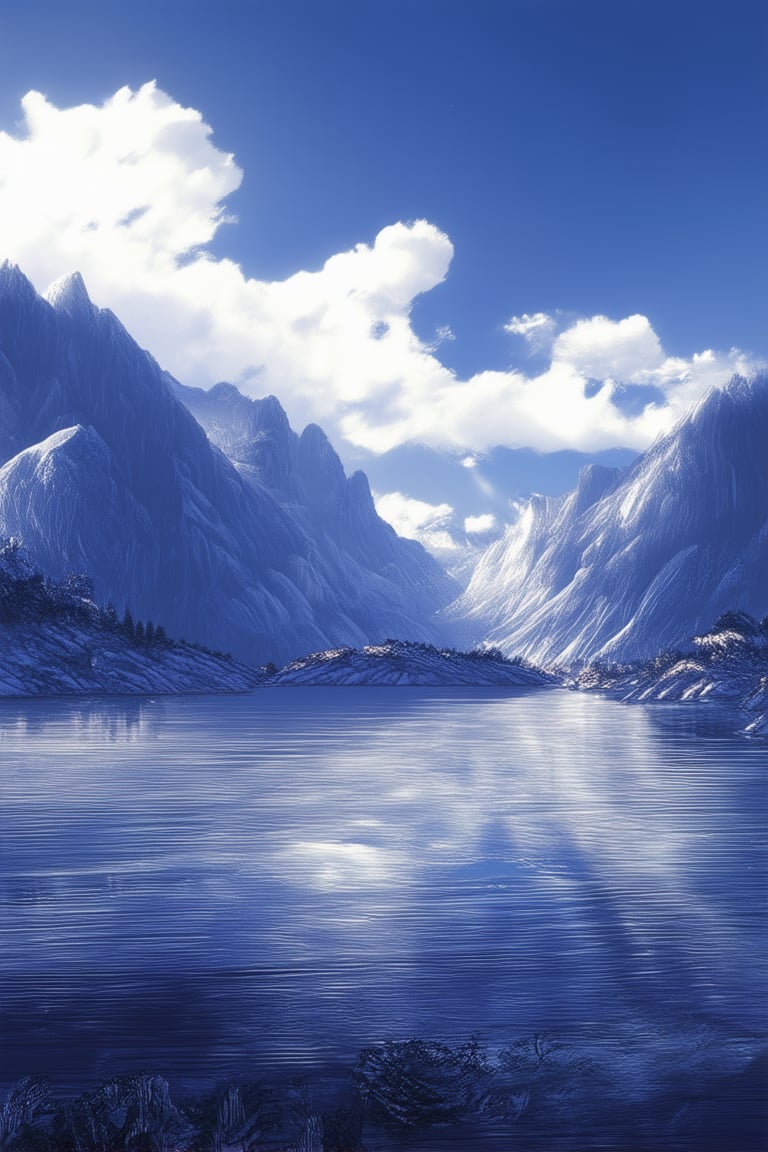 A majestic blue landscape: A serene lake's glassy surface reflects the sky's brilliant blue hue, with wispy clouds drifting lazily across. Majestic mountains rise in the distance, their rugged peaks shrouded in mist. Sunlight casts a warm glow, illuminating the surrounding trees and casting long shadows.