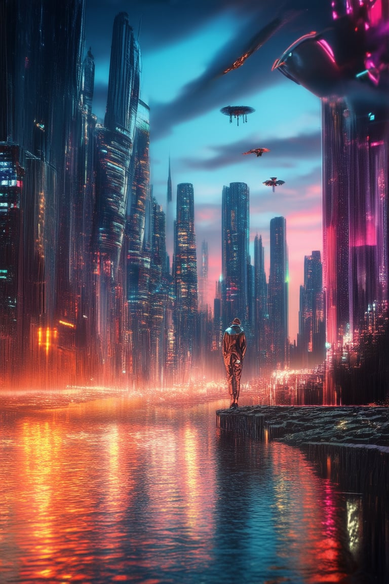 A futuristic cityscape at dusk, with sleek skyscrapers and neon lights reflected in a moat-like canal, surrounded by hovering drones and flying cars zipping past; a lone figure in a silver jumpsuit stands atop the highest building, arms outstretched, gazing out at the cyberpunk metropolis.