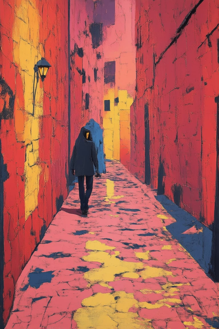 A dimly lit, abandoned alleyway at dusk, with a hint of mystery in the air. A figure, shrouded in shadows, walks away from the viewer, their back to the camera. The only sound is the distant hum of city life. A small, flickering streetlight casts an eerie glow on the wet pavement, as if trying to illuminate the enigmatic figure's secrets.