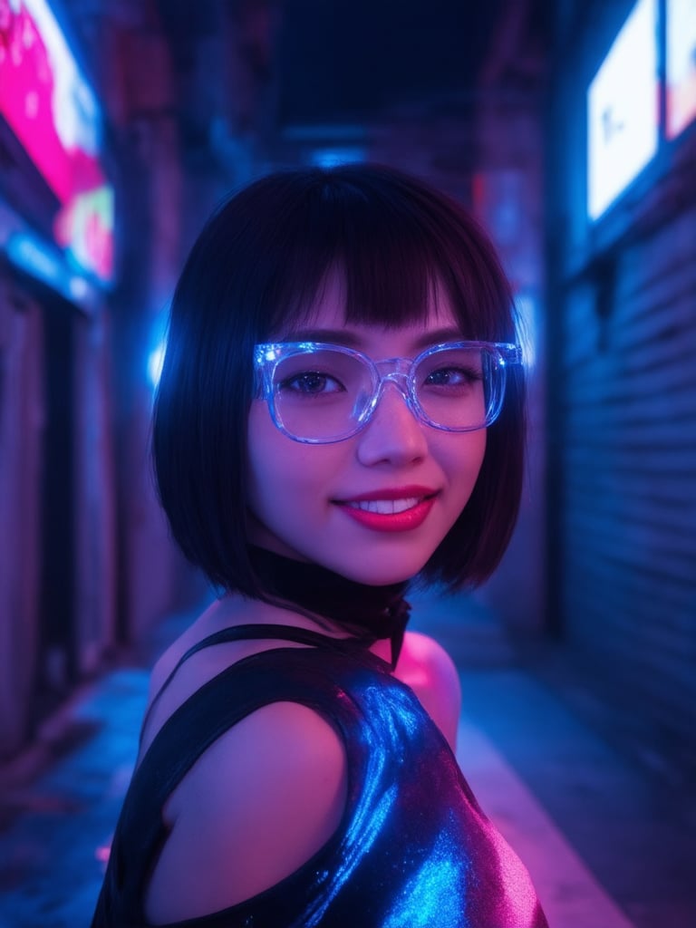 In a neon-lit cyberpunk alleyway, a striking young woman gazes directly into the camera. She wears sleek clear glasses with glowing blue accents, her raven hair styled in a messy bob. The golden ratio guides the composition as she strikes a confident pose against a backdrop of crumbling concrete and flickering holographic advertisements. Her intricate, decadent attire shimmers under the vibrant lighting, showcasing subsurface scattering and rim light that accentuates her detailed eyes and face. Heartwarming and uplifting, her charming smile seems to radiate an aura of positivity. The 32K UHD rendering is a masterpiece, with every detail, from her sharp focus features to her vividly colored surroundings, crafted with the highest quality in mind.