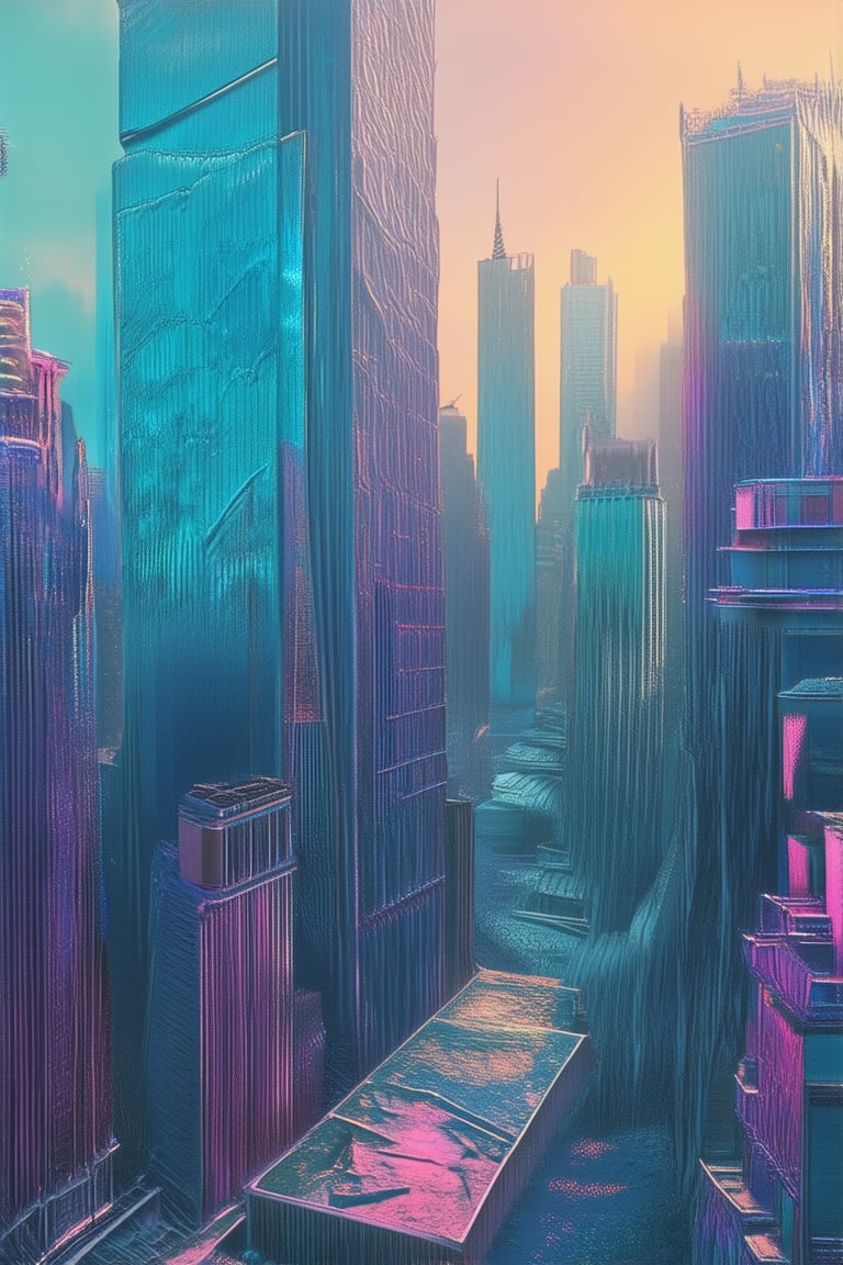 A surrealistic cityscape unfolds before us, with towering skyscrapers fading into wispy blue mist. A gradient world of iridescent hues, where neon lights dance across the skyline. The city's inhabitants, dressed in shimmering attire, blend seamlessly with the urban landscape, as if they are extensions of the architecture itself.