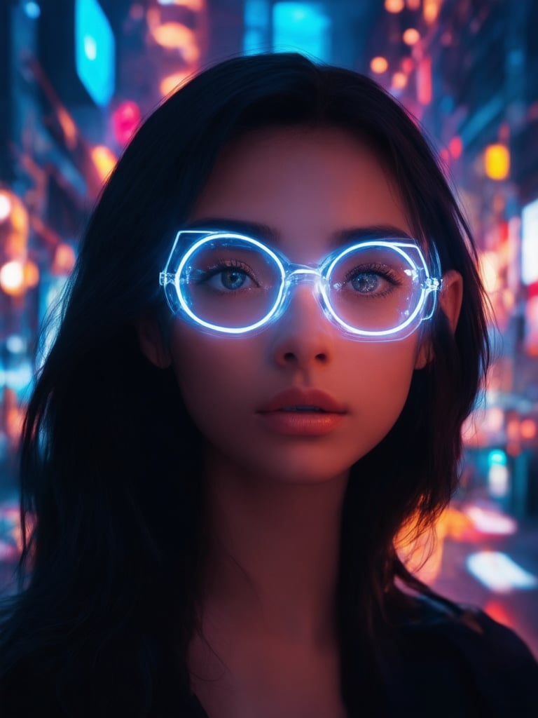 In a neon-lit cyberpunk cityscape, a captivating girl with clear neon glasses and intricate details gleams in 32k UHD. Set against a vibrant backdrop of swirling shapes and pulsing lights, she poses with an air of confidence and charm. Golden ratio balance is evident in her facial structure, as the artist's skilled hand crafts a masterpiece. Subsurface scattering casts a warm glow on her skin, while rim light accentuates her features. Eyes sparkle like diamonds against the darkened environment, with detailed shading and lighting creating a sense of depth. (Heartwarming, uplifting, charming)