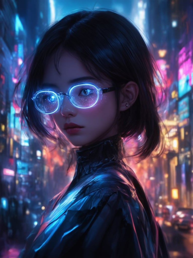 Against a vibrant backdrop of neon-lit cityscapes, a cyberpunk girl with clear neon glasses shines like a beacon. Her intricate, decadent attire glows in the golden ratio's harmony, as if illuminated by the city's pulsing energy. In 32k UHD detail, her face radiates warmth and charm, with masterfully rendered eyes that sparkle like stars. Soft light leaks and subsurface scattering create a dreamy atmosphere, while rim lighting defines her features. Deep in the background, a kaleidoscope of colors swirls, awaiting discovery. Art by Loish, Wlop, or Artgerm - this digital painting is a true masterpiece.